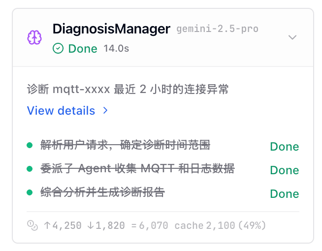 Agent task list with subtasks, status and token usage