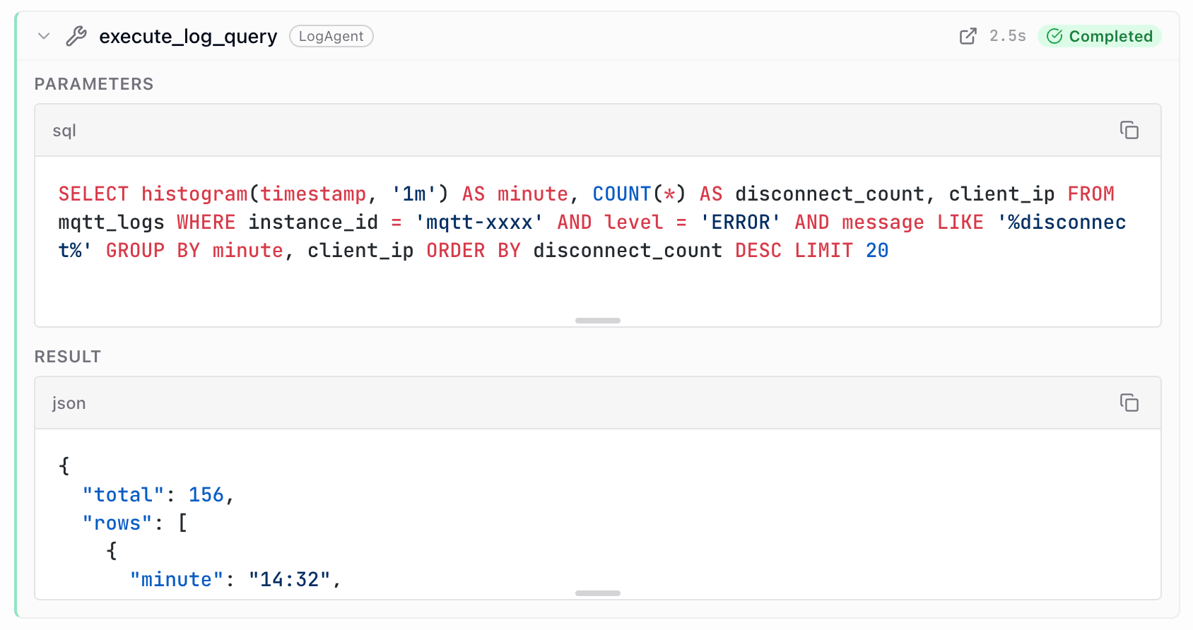 Expanded execute_log_query tool call with parameters, result, duration and status